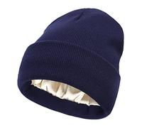 Womens Satin Lined Beanie Winter Hats Cable Knit Cuffed Beanie for Women Silk Lining Thick Chunky Warm Beanie Hat, Cuffed-navy Blue, One Size