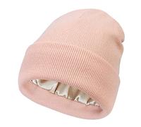 Womens Satin Lined Beanie Winter Hats Cable Knit Cuffed Beanie for Women Silk Lining Thick Chunky Warm Beanie Hat, Cuffed-pink, One Size