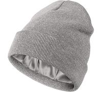 Womens Satin Lined Beanie Winter Hats Cable Knit Cuffed Beanie for Women Silk Lining Thick Chunky Warm Beanie Hat, Cuffed-grey, One Size