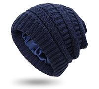 Womens Satin Lined Winter Beanie Cable Knit Beanie for Women Silk Lining Thick Chunky Hat Skull Warm, Large-Slouchy-Navy Blue, One Size