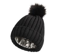 Womens Satin Lined Winter Beanie Cable Knit Beanie for Women Silk Lining Thick Chunky Hat Skull Warm, Detachable Pom-Black, One Size