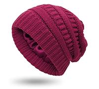 Womens Satin Lined Winter Beanie Cable Knit Beanie for Women Silk Lining Thick Chunky Hat Skull Warm, Large-Slouchy-Burgundy, One Size
