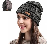 Womens Satin Lined Winter Beanie Cable Knit Beanie for Women Silk Lining Thick Chunky Hat Skull Warm, Classic-Black and Grey, One Size