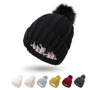 Womens Satin Lined Winter Beanie Cable Knit Beanie for Women Silk Lining Thick Chunky Hat Skull Warm, Pom-Black, One Size