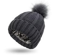 Womens Satin Lined Winter Beanie Cable Knit Beanie for Women Silk Lining Thick Chunky Hats Skull Warm Cap, Pom-Dark Grey, One Size