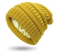 Womens Satin Lined Winter Beanie Cable Knit Beanie for Women Silk Lining Thick Chunky Hats Skull Warm Cap, Large-slouchy-mustard, One Size