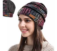 Womens Satin Lined Winter Beanie Cable Knit Beanie for Women Silk Lining Thick Chunky Hats Skull Warm Cap, Classic-Mix-Black, One Size