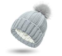 Womens Satin Lined Winter Beanie Cable Knit Beanie for Women Silk Lining Thick Chunky Hats Skull Warm Cap, Pom-light Grey, One Size