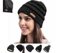 Womens Satin Lined Winter Beanie Cable Knit Beanie for Women Silk Lining Thick Chunky Hats Skull Warm Cap, Classic-black, One Size