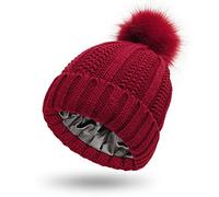 Womens Satin Lined Winter Beanie Cable Knit Beanie for Women Silk Lining Thick Chunky Hats Skull Warm Cap, Pom-burgundy, One Size
