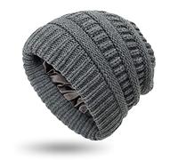 Womens Satin Lined Winter Beanie Cable Knit Beanie for Women Silk Lining Thick Chunky Hats Skull Warm Cap, Large-slouchy-dark Grey, One Size