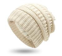 Womens Satin Lined Winter Beanie Cable Knit Beanie for Women Silk Lining Thick Chunky Hats Skull Warm Cap, Large-slouchy-beige, One Size