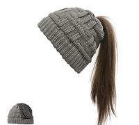 Womens Satin Lined Winter Beanie Cable Knit Beanie for Women Silk Lining Thick Chunky Hats Skull Warm Cap, Ponytail-dark Grey, One Size