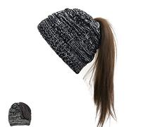 Womens Satin Lined Winter Beanie Cable Knit Beanie for Women Silk Lining Thick Chunky Hats Skull Warm Cap, Ponytail-black and White, One Size