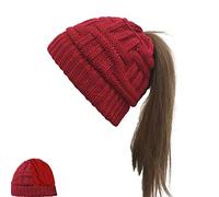 Womens Satin Lined Winter Beanie Cable Knit Beanie for Women Silk Lining Thick Chunky Hats Skull Warm Cap, Ponytail-burgundy, One Size
