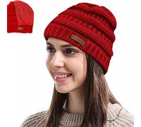 Womens Satin Lined Winter Beanie Cable Knit Beanie for Women Silk Lining Thick Chunky Hats Skull Warm Cap, Classic-burgundy, One Size