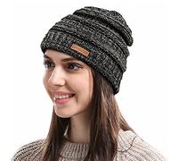 Womens Satin Lined Winter Beanie Cable Knit Beanie for Women Silk Lining Thick Chunky Hats Skull Warm Cap, Ponytail-black and Grey, One Size