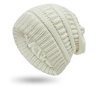 Womens Satin Lined Winter Beanie Cable Knit Beanie for Women Silk Lining Thick Chunky Hats Skull Warm Cap, Large-slouchy-white, One Size