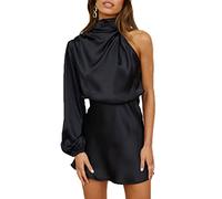 Women's Satin Long Sleeve One Shoulder Mini Dress Silk One Sleeve Turtle Neck Cut Out Cocktail Short Dress for Women, Black, Small