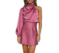 Women's Satin Long Sleeve One Shoulder Mini Dress Silk One Sleeve Turtle Neck Cut Out Cocktail Short Dress for Women, Rose, S