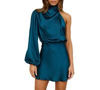 Women's Satin Long Sleeve One Shoulder Mini Dress Silk One Sleeve Turtle Neck Cut Out Cocktail Short Dress for Women, Teal, Medium