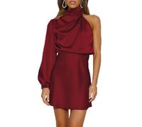 Women's Satin Long Sleeve One Shoulder Mini Dress Silk One Sleeve Turtle Neck Cut Out Cocktail Short Dress for Women, Burgundy, XL