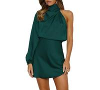Women's Satin Long Sleeve One Shoulder Mini Dress Silk One Sleeve Turtle Neck Cut Out Cocktail Short Dress for Women, Emeralds, S
