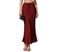 Women's Satin Maxi Skirts Drawstring High Waist Silk Elegant Flowy Casual A-Line Long Skirt for Women, Wine Red, XL
