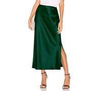 Women's Satin Midi Skirt Dressy Elastic High Waisted Silk Slip Flowy Ruffle Flared Cocktail Party Work A Line Skirts, Emerald Green, XXL