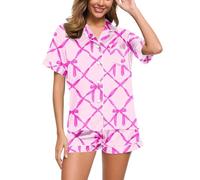 Women's Satin Muslin Pyjamas, Pyjamas Set, Two-Piece Shorty Sleepwear Set, Turnup with Buttons, Leisure Suit, Lightweight, Leisure, Short Sleeve Shirt and Shorts, Dressing Gown, Printed Halloween