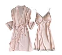 Womens Satin Nightdress with Bathrobe Sets UK Camisole Silk Nighties Long Sleeve Open Front Kimono Dressing Gowns Ladies Casual Comfy Nightwear Loungewear Sleepwear Pink