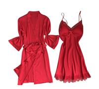 Womens Satin Nightdress with Bathrobe Sets UK Camisole Silk Nighties Long Sleeve Open Front Kimono Dressing Gowns Ladies Casual Comfy Nightwear Loungewear Sleepwear Red