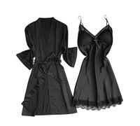 Womens Satin Nightdress with Bathrobe Sets UK Camisole Silk Nighties Long Sleeve Open Front Kimono Dressing Gowns Ladies Casual Comfy Nightwear Loungewear Sleepwear Black