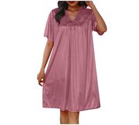 Women's Satin Nightgown Frilly Trim Sleep Shirt Long Nightdress Victorian Vintage Short Sleeve V Neck Sleepdress Ladies Sexy Loungewear Petite Soft Nighties Sleepwear Nightshirt Uk One Size White