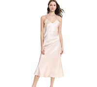 Women's Satin Nightgown Long Slip Sleep Dress Silk V Neck Sleepwear Solid Color Nightwear-champagne,L