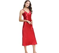 Women's Satin Nightgown Long Slip Sleep Dress Silk V Neck Sleepwear Solid Color Nightwear-maroon,XL