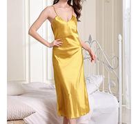 Women's Satin Nightgown Long Slip Sleep Dress Silk V Neck Sleepwear Solid Color Nightwear-yellow,XXL