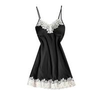 Women's Satin Nighties Soft Silk Nightdress Spaghetti Strap Full Slip Chemises V Neck Sleepwear Sexy Lace Built in Bra Negligee Black