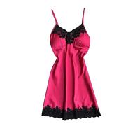 Women's Satin Nighties Soft Silk Nightdress Spaghetti Strap Full Slip Chemises V Neck Sleepwear Sexy Lace Built in Bra Negligee Hot Pink