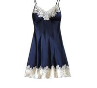Women's Satin Nighties Soft Silk Nightdress Spaghetti Strap Full Slip Chemises V Neck Sleepwear Sexy Lace Built in Bra Negligee