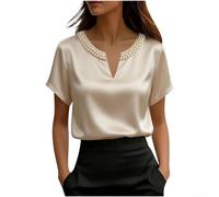 Women's Satin Pearl Collar T-Shirt Short Sleeve Summer Top Regular Fit Solid Color Beaded Round Neck Blouse for Casual Street Wear White Dark Green Black(M Apricot Color)