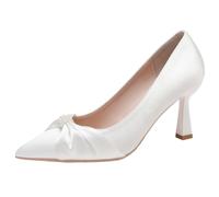Women's Satin Pearl Heels Square Thin Heel 6CM/8CM Pointed Toe Slip-On Pumps Wide Fit Mid Heel Dress Shoes for Office Daily Wear & Banquet Elegant Chic,White 6cm,4.5 UK