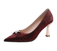Women's Satin Pearl Heels Square Thin Heel 6CM/8CM Pointed Toe Slip-On Pumps Wide Fit Mid Heel Dress Shoes for Office Daily Wear & Banquet Elegant Chic,Burgundy 8cm,4.5 UK