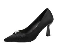 Women's Satin Pearl Heels Square Thin Heel 6CM/8CM Pointed Toe Slip-On Pumps Wide Fit Mid Heel Dress Shoes for Office Daily Wear & Banquet Elegant Chic,Black 8cm,4.5 UK