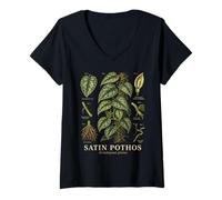 Women's Satin Pothos Scindapsus Pictus Variegated Vine Study V-Neck T-Shirt