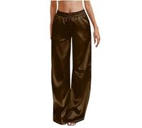 Women's Satin Pyjama Bottoms Super Soft Comfy Loose Lounge Pants Satin Silk Pajama Pants Elastic Waist Wide Leg Pj Bottoms Solid Color Breathable Casual Pants Lightweight Breathable Trousers Brown