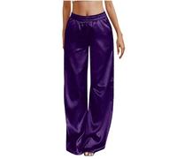 Women's Satin Pyjama Bottoms Super Soft Comfy Loose Lounge Pants Satin Silk Pajama Pants Elastic Waist Wide Leg Pj Bottoms Solid Color Breathable Casual Pants Lightweight Breathable Trousers Purple