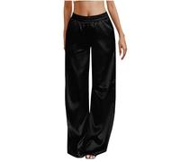 Women's Satin Pyjama Bottoms Super Soft Comfy Loose Lounge Pants Satin Silk Pajama Pants Elastic Waist Wide Leg Pj Bottoms Solid Color Breathable Casual Pants Lightweight Breathable Trousers Black