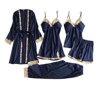 Women's Satin Pyjama Set Short House Coat Sexy Dressing Gown Bridal Bathrobes Lounge 5-Piece with Short Trousers V-Neck Camisole Robe Sets Plain Pyjama Suit Summer Nightdress, O Navy, L