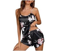 Women's Satin Pyjama Sets Ladies Flroal Pjs Set 2 Piece Sleeveless Vest Tops and Shorts Spaghetti Strap Pajamas Outfits Loungewear Sets Satin Sleepwear V Neck Homewear Nightwear Summer Black